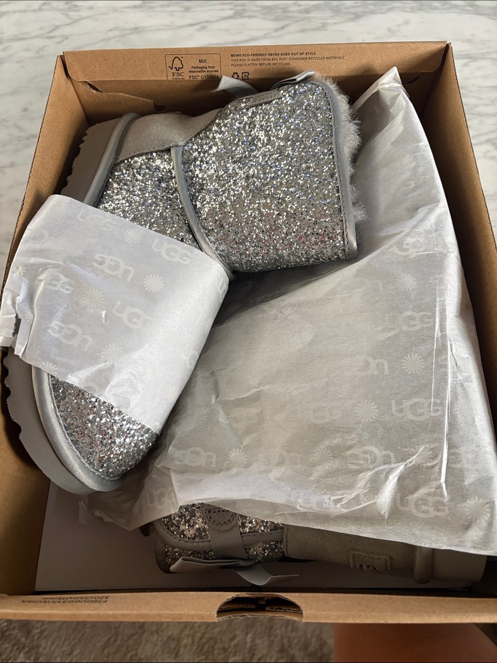 UGG Silver Glitter Classic Mini Bow Cosmos Boot - Women/Girls